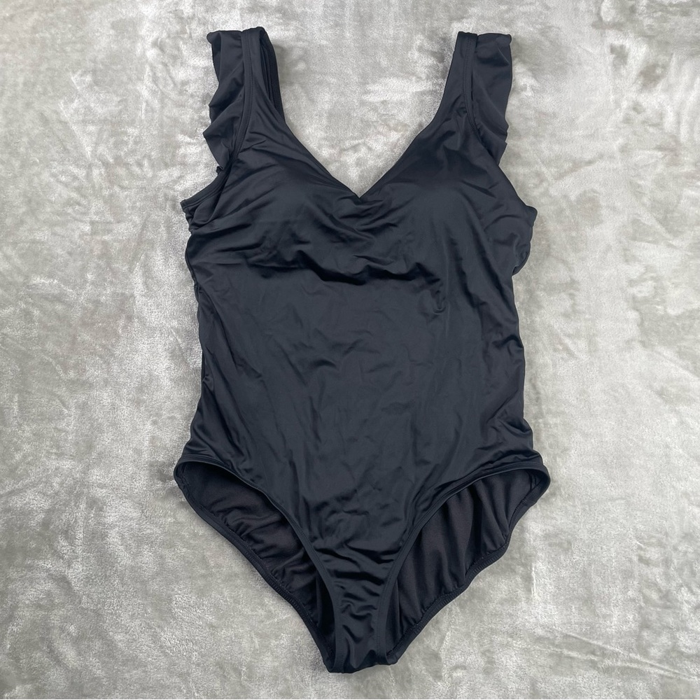 Time and Tru Black One Piece Swimsuit Ruffle Shoulder Size 2X 20W 22W Plus Size